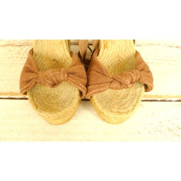 Vintage tan brown canvas open toe platform wedge espadrille sandals - Picture 2 of 4